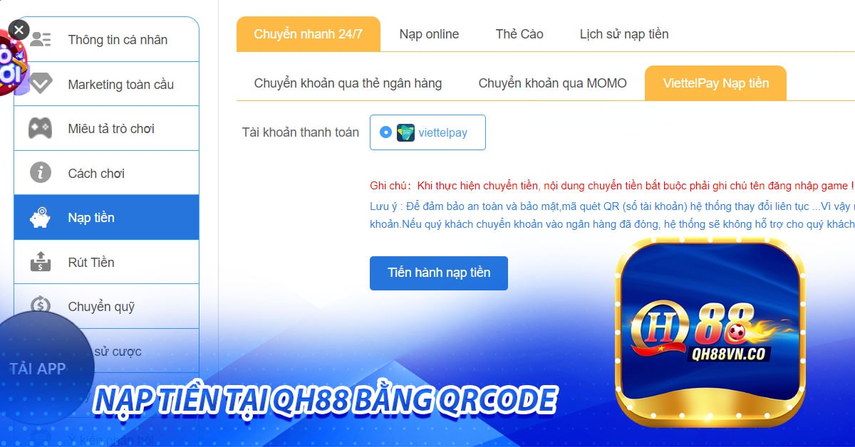 Nạp tiền tại QH88 bằng QRcode